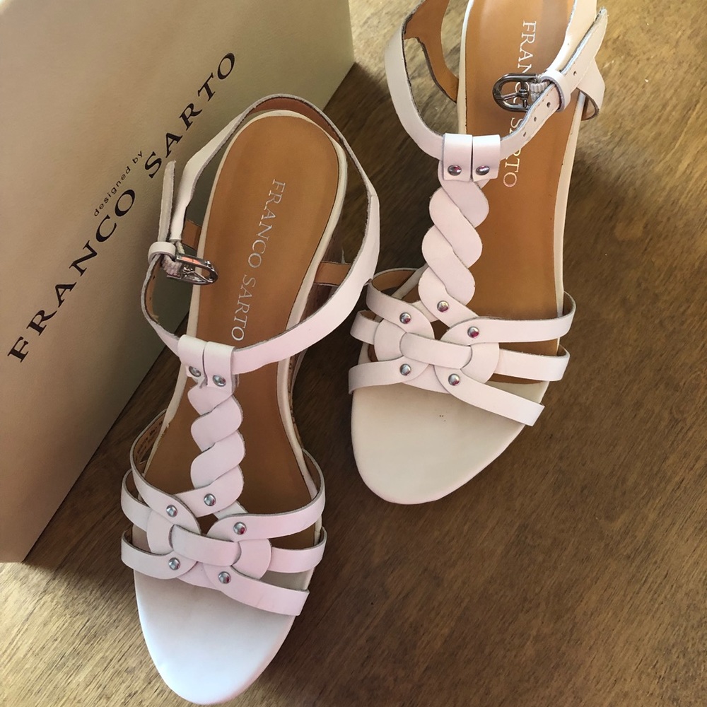 Franco Sarto white with cork style 4” wedge sandal. LIKE BRAND NEW*